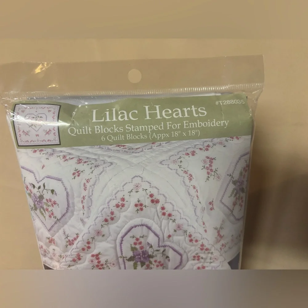NEW‎ TOBIN STAMPED FOR EMBROIDERY LILAC HEARTS QUILT BLOCKS